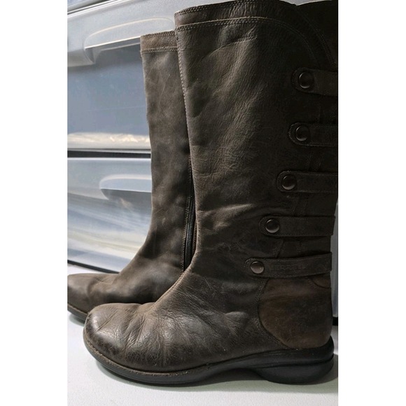 Merrell Tetra Strap Riding Boots Womens Size 7.5 Brown Leather Mid Calf Flat Zip - Picture 1 of 7